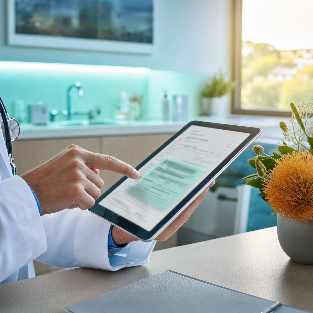 A clinician reviewing a referral on a tablet in a modern consulting room.