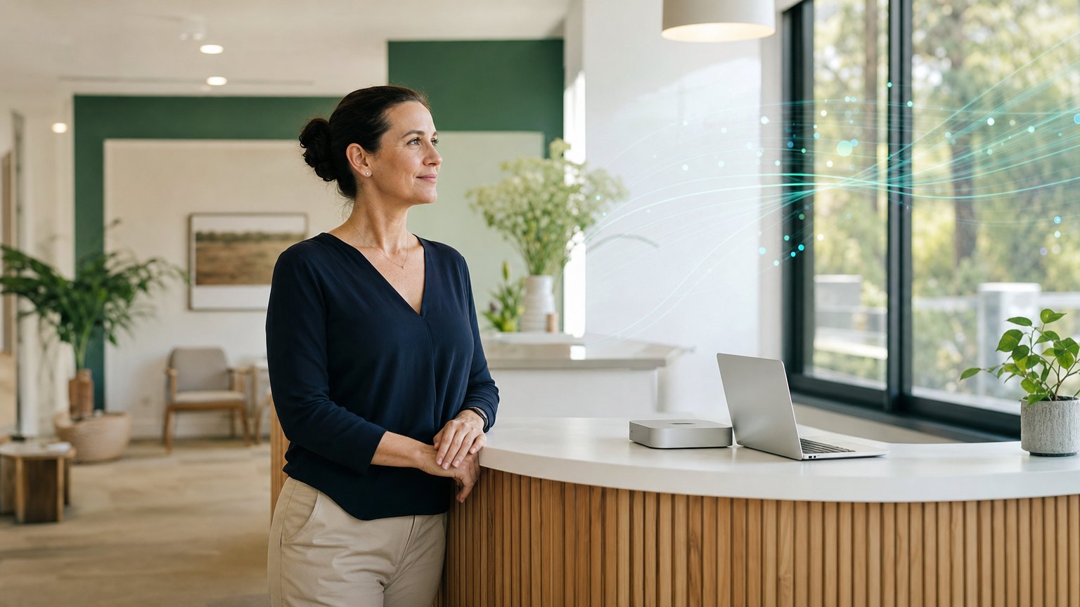 A practice manager at the front desk of a bright Australian general practice, with a small Mac mini beside her laptop.