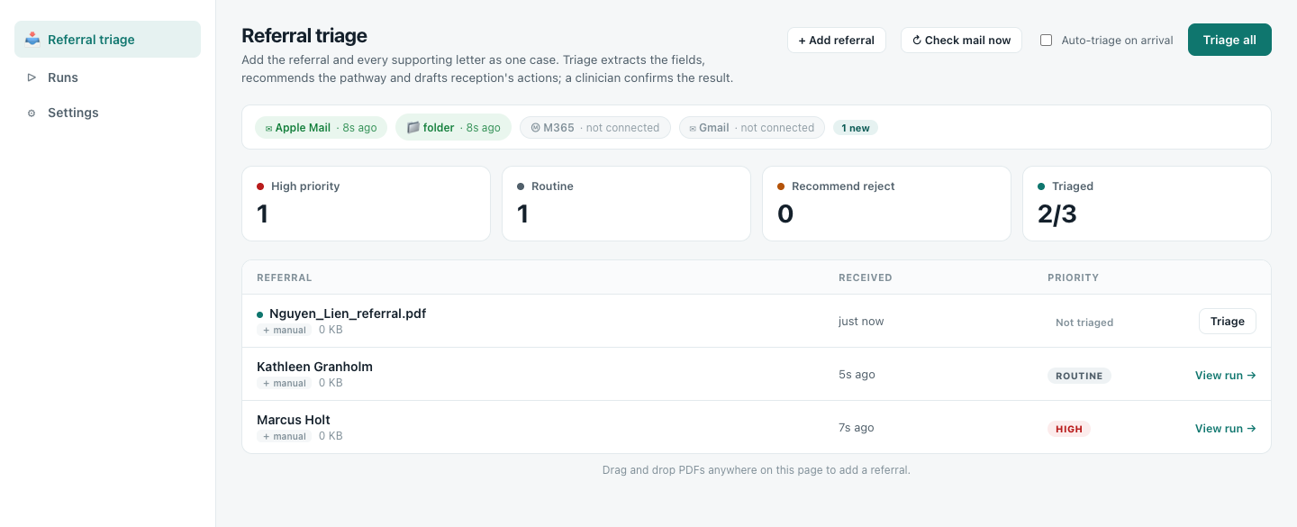 The MedAI referral queue: three incoming referrals, one marked HIGH priority, one ROUTINE, one awaiting triage.