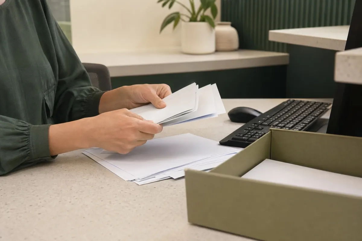 A practice staff member sorting paper referrals beside a computer.