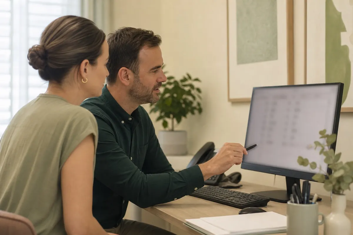 A clinician and practice administrator reviewing information together.